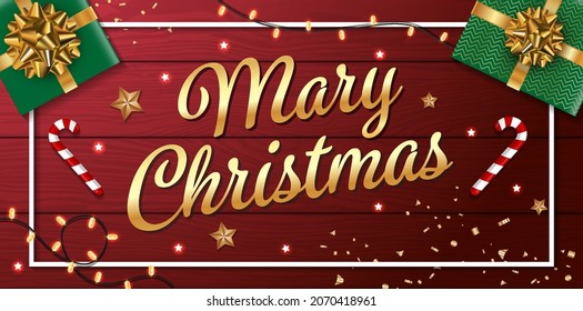 Christmas vector banner. Background Xmas design of sparkling lights garland, with realistic gifts box, gold stars and glitter gold confetti. Red wooden table. 