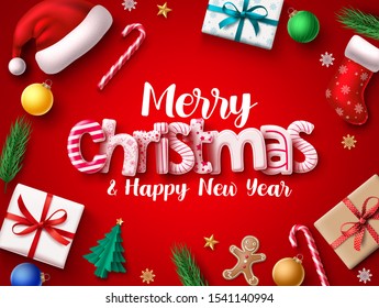 Christmas vector banner design. Merry chistmas greeting 3d realistic typography text with xmas decoration elements of santa hat, sock, gift, balls, candy cane, pine leaves, and gingerbread in red back