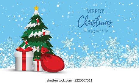 Christmas vector banner design. Merry chistmas greeting 3d realistic typography text with xmas decoration elements of santa hat, sock, gift, balls, candy cane, pine leaves, and gingerbread in red back