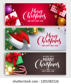 Christmas vector banner design set with colorful backgrounds, christmas elements and christmas greeting text in white space. Vector illustration.
