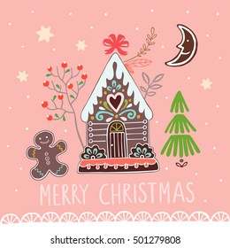 Christmas vector banner with gingerbread house on pink background