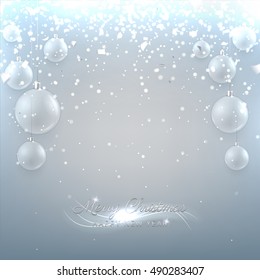 Christmas vector banner with glass balls. Elegant illustration with a congratulation. Happy New Year background with silver confetti and shining lights.