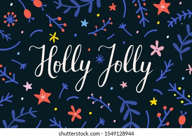Christmas vector banner with handwritten holly jolly lettering text. Cute hand drawn doodle style, holly jolly colorful phrase decorated with illustrations on black background.