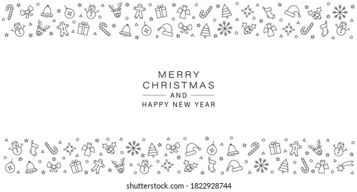 christmas vector banner line icon element white background. celebration greeting card. black element ornament with santa, reindeer, gift, tree, snowflake, angel, sock, snowman.