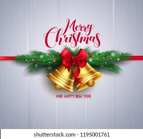 Christmas vector banner with merry christmas greeting text and gold bells in wreth of pine leaves in white wood texture background. Vector illustration.
