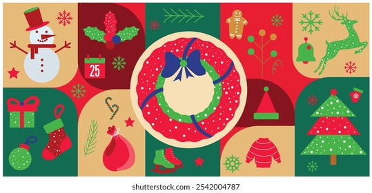 Christmas vector banner modern icon element white background. celebration greeting card. santa cap, reindeer, gift, tree, snowflake, sock, snowman. with festive abstract icons, seamless pattern.