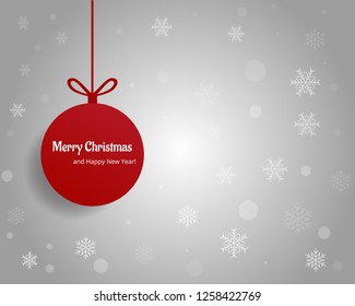 Christmas vector banner with Christmas red ball. New year holiday card template. Vector greeting illustration with ball and snowflakes. EPS10