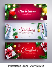 Christmas vector banner set. Merry christmas greeting text with xmas decoration elements like gifts, balls and leaves for holiday celebration card design collection. Vector illustration
