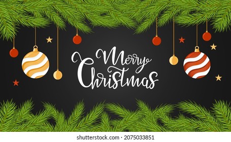 Christmas vector banner with a strip of fir branches decorated with stars and balls on a black background