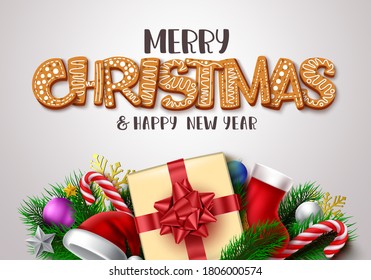 Christmas vector banner template design. Merry chrsitmas greeting text in gingerbread typography with xmas decoration element and white empty space for holiday card messages. Vector illustration