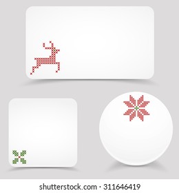 Christmas vector banners mock ups, blank white paper templates. Cross stitch embroidery illustrations with deer, flower, traditional Xmas ornaments
