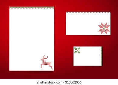 Christmas vector banners mock ups, blank white paper templates. Cross stitch embroidery illustrations with deer, flower, traditional Xmas ornaments