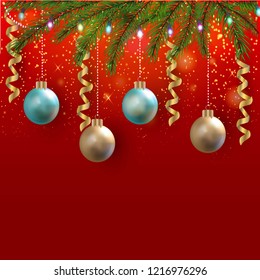 Christmas vector beautiful background. Sparkling background with Christmas tree and a garland. Christmas balls and ribbons.