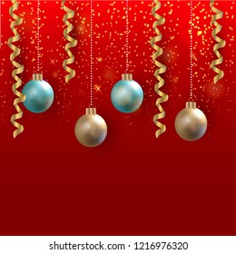 Christmas vector beautiful background. Sparkling background with glitter and a garland. Christmas balls and ribbons.