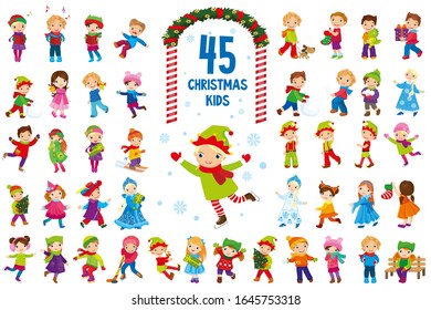 Christmas vector big set of children in frosty winter
