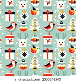 Christmas vector bird, gift, toy, Christmas tree, deer face seamless pattern geometric decorations cute holiday