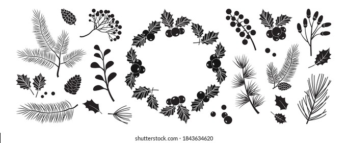 Elementos decorativos negros vectoriales de Navidad. Wreath, berry holly, plantas de invierno, árboles de navidad, pino, hojas ramas aisladas en fondo blanco, ilustración de invierno.