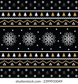 Christmas vector black sweater pattern featuring a modern Christmas tree and snow. Perfect for New Year or Christmas embroidery prints,