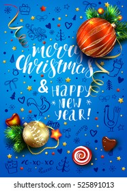 Christmas vector blue card with realistic fir tree, balls, decorations and handmade lettering. Hand drawn elements, rooster and calligraphy inscriptions Happy New Year. 3D.