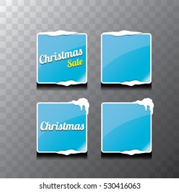 Christmas Vector Blue Glossy Glass Buttons Set With Transparent Shadow. Web Blue Christmas Sale Buttons With Snow, Ice Border And Christmas Text