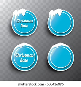Christmas vector blue glossy glass buttons set with transparent shadow. web blue christmas sale buttons with snow, ice border and christmas text