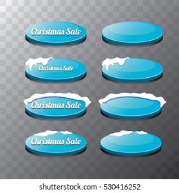 Christmas vector blue glossy glass buttons set with transparent shadow. web blue christmas sale buttons with snow, ice border and christmas text
