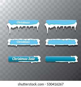 Christmas vector blue glossy glass buttons set with transparent shadow. web blue christmas sale buttons with snow, ice border and christmas text