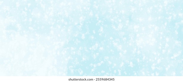 Christmas vector blue watercolor background with isolated white snowflakes for cards, flyers, poster, banner. Snowfall. Sky, clouds. Holiday winter illustration. Merry Christmas! Happy New Year!