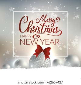 Christmas vector blurred background with christmas balls and snow. 