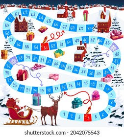 Christmas vector board game or puzzle with cartoon Santa and winter holiday village. Dice board game, from start to finish path with numbered steps, help Santa and reindeer to deliver Xmas gifts