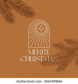 Christmas Vector Boho Style Decorative Label Layout. Spruce Branches Shadow Overlay with Holiday Arch and Star. Contemporary Art Season Greeting Background Design for Cover, Apparel Print, Wallpaper.