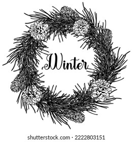 Christmas vector botanical wreath illustration. Merry Christmas vintage design with pine branches and pine cones.