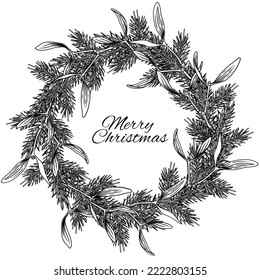 Christmas vector botanical wreath illustration. Merry Christmas vintage design with fir and mistletoe leaves and branches.