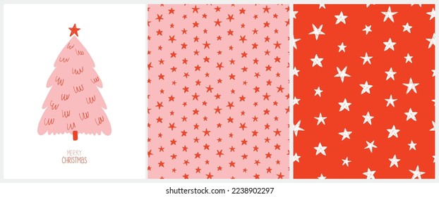 Christmas Vector Card and 2 Seamless Vector Patterns. Pink Christmas Tree with Red Star and Handwritten Wishes on a White Background. Tiny Sketched Stars od a Pastel Pink and Red. Starry Print. 