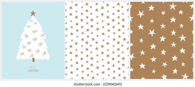 Tarjeta vectorial de Navidad y 2 patrones vectoriales sin cable. Árbol de Navidad blanco con estrella de oro y deseos escritos a mano sobre fondo azul pastel. Pequeñas estrellas esbozadas en blanco y oro. Impresión estrellada. 