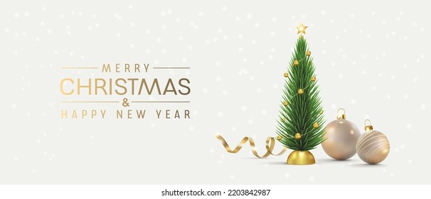 Christmas vector card. Background with tree and decoration. Realistic 3d elements