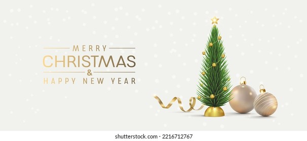 Christmas vector card. Background with tree and decoration. Realistic 3d elements