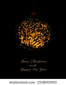 Christmas Vector Card with Bauble Made Of Gold Dots. Abstract Gold Christmas Tree Ball, Merry Christmas and Happy New Year Wishes on a Black Background. Winter Holidays Greeting Card. RGB.