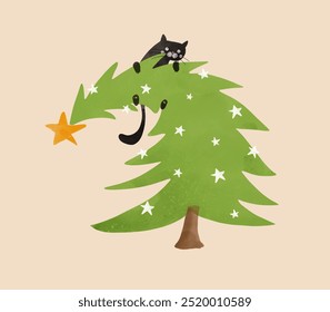 Christmas Vector Card. Black Cat Climbing a Green Christmas Tree. Spruce and Cat on a Beige Background. Hand Drawn Infantile Style Spruce Tree and Tiny Stars. Xmas Card. Winter Holidays Print. RGB.