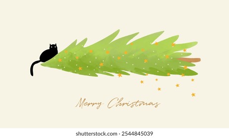 Christmas Vector Card. Black Cat Sitting Behind A Fallen Christmas Tree. Spruce and Cat on a Beige Background. Hand Drawn Infantile Style Spruce Tree with Stars. Winter Holidays Greetings. RGB.