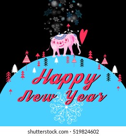 Christmas vector card with bright pink elephant