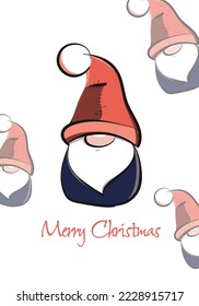 Weihnachtsvektorkarte mit einem Cartoon-Zwerg in einem Weihnachtsmütze. Weihnachtsdruck von Karten und Plakaten