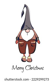 Tarjeta vectorial de Navidad con una caricatura enana en un gran sombrero y traje. Héroe de Navidad para tarjetas y afiches