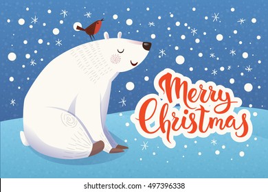 Christmas vector card with cartoon polar bear. 