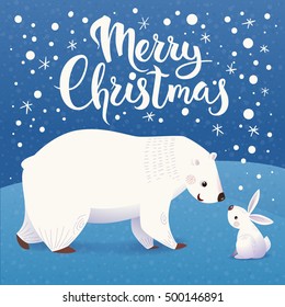 Christmas vector card with cartoon polar bear and rabbit. Merry Christmas lettering. 