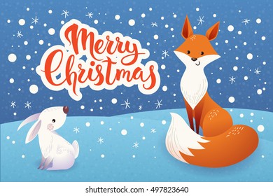 Christmas vector card with cartoon rabbit and fox