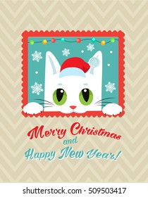 Christmas Vector Card With Cute Cat. Holiday Cartoon Greeting Card. Merry Christmas, Happy New Year Congratulation Image.
