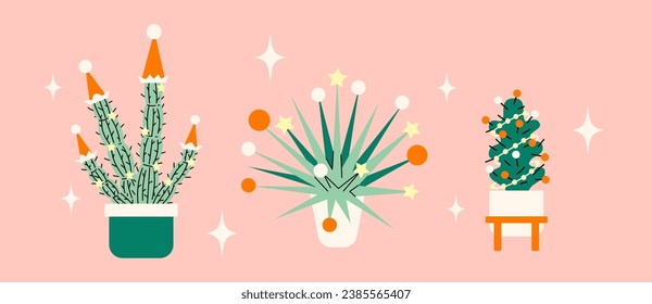 Tarjeta vectorial de Navidad con lindas plantas de hogar. Ilustración colorida dibujada a mano moderna. Cactús interiores verdes y decorados. 