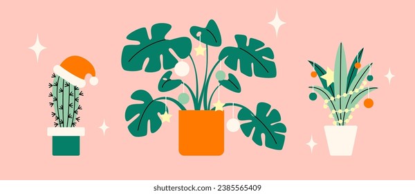 Christmas Vector card with cute houseplants. Modern hand drawn colorful illustration. Decorated green indoor plants. 