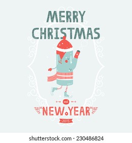 Christmas vector card with cute makers skating. New year illustration with decorative elements